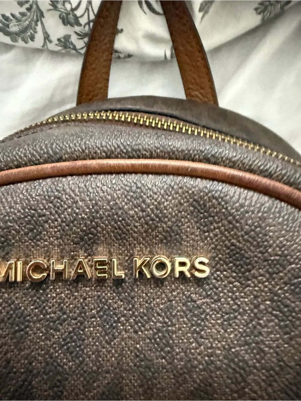 Michael Kors Brown MK Logo Dome Backpack with Tan Trim.